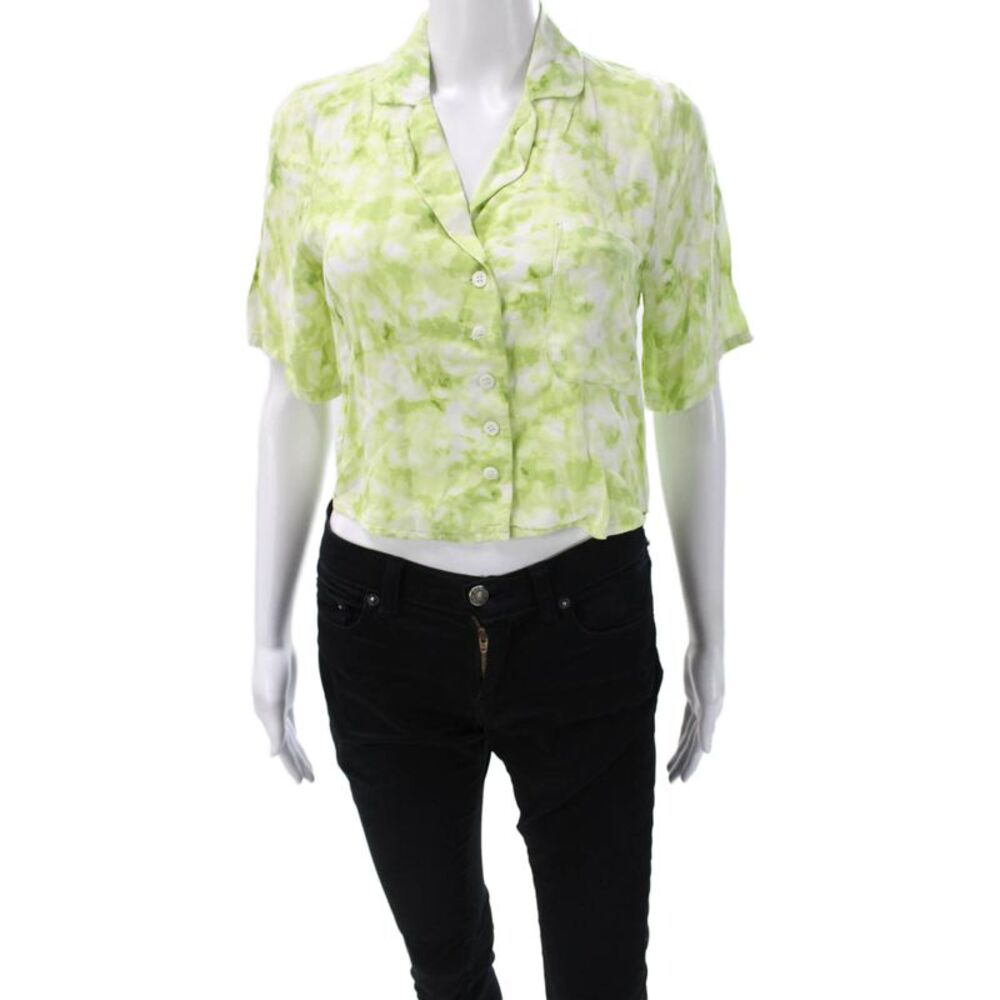 Faithfull The Brand Women Cropped Blouse Green Geometric Short Sleeve Size 4